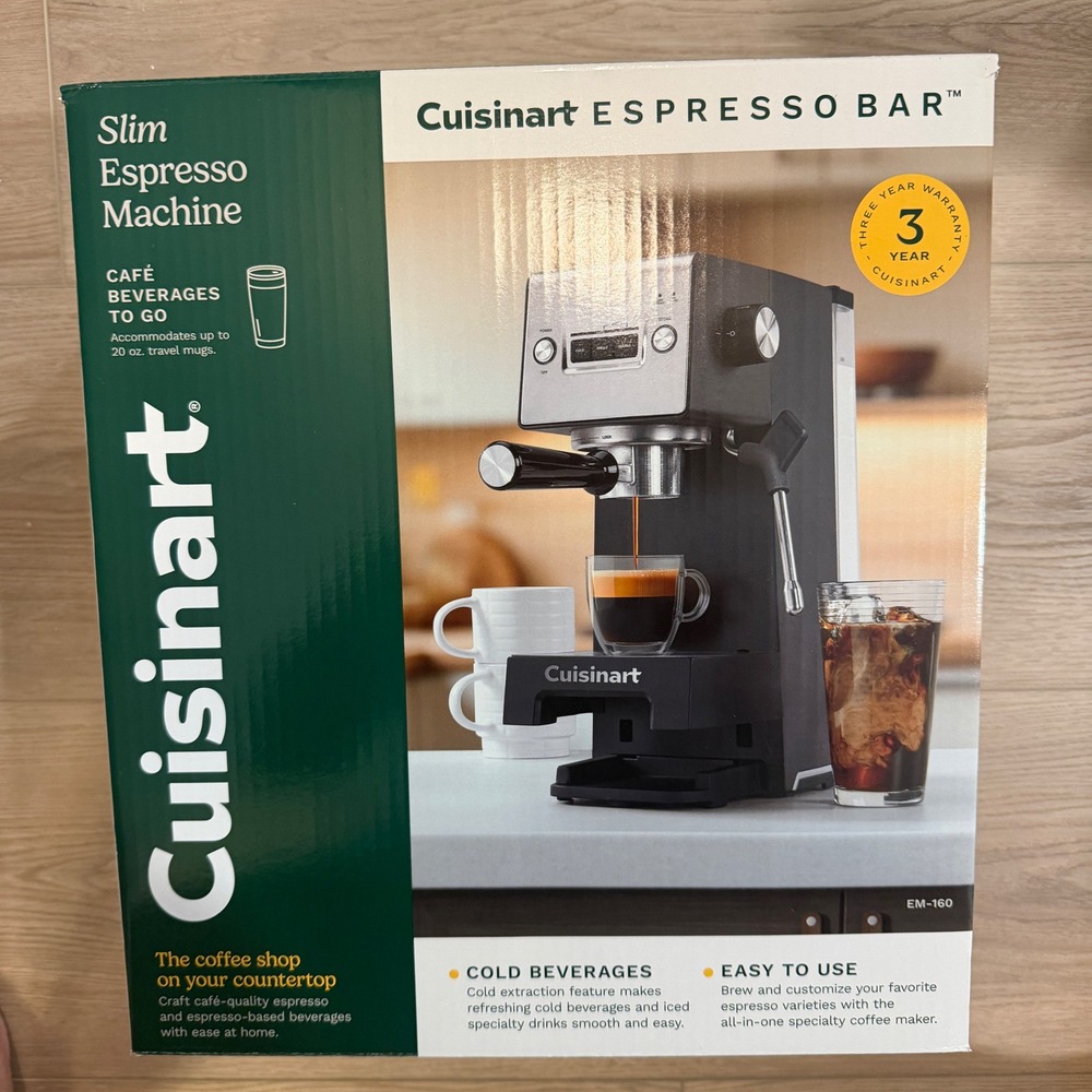 Cuisinart Espresso Bar Machine EM-160 Black Stainless Slim Cold Brew Frother NEW